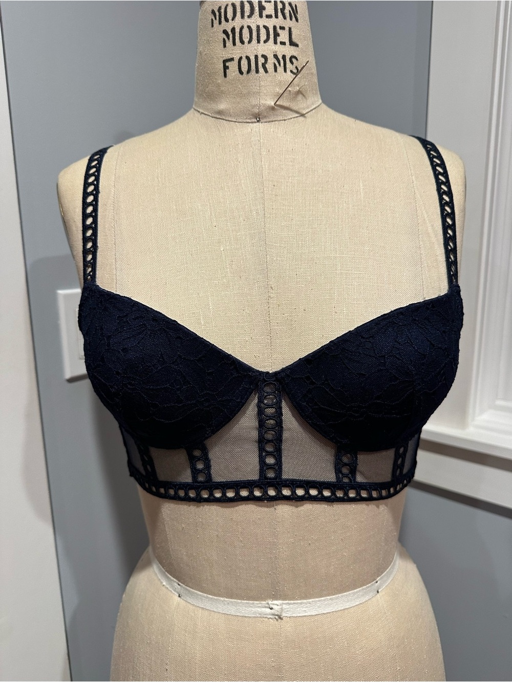 Undiz Lace and Mesh Longline Bralette in Navy 32B